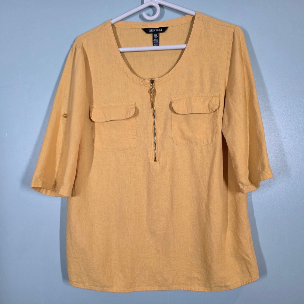 Ellen Tracy Womens Mustard Yellow Linen Blend Half‎ Zip Roll Tab Blouse Medium